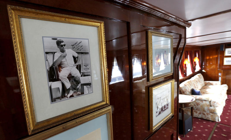 Pictures are seen on the wall in the salon of the former presidential yacht, Honey Fitz, as it is docked in West Palm Beach