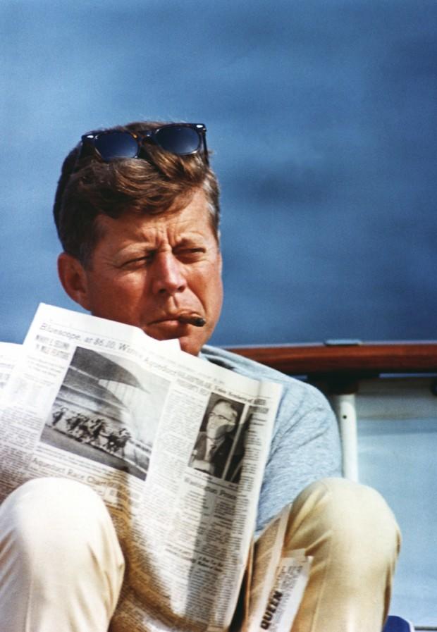 ST-C283-48-63 31 August 1963 President Kennedy aboard the "Honey Fitz", off Hyannis Port, Massachusetts. Photograph by Cecil Stoughton, White House in the John F. Kennedy Presidential Library and Museum, Boston.