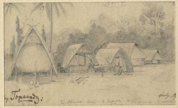 Деревня Горенду на Берегу Маклая. Рисунок Н.Н.Миклухо-Маклая. 1870