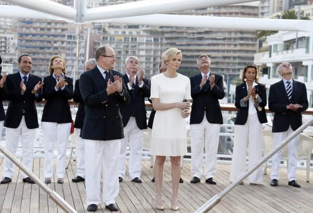 Prince Albert II of Monaco and Princess Charlene take part tin the inauguration of the new Yacht Club of Monaco, on June 20, 2014 in Monaco. AFP PHOTO / VALERY HACHE        (Photo credit should read VALERY HACHE/AFP/Getty Images)